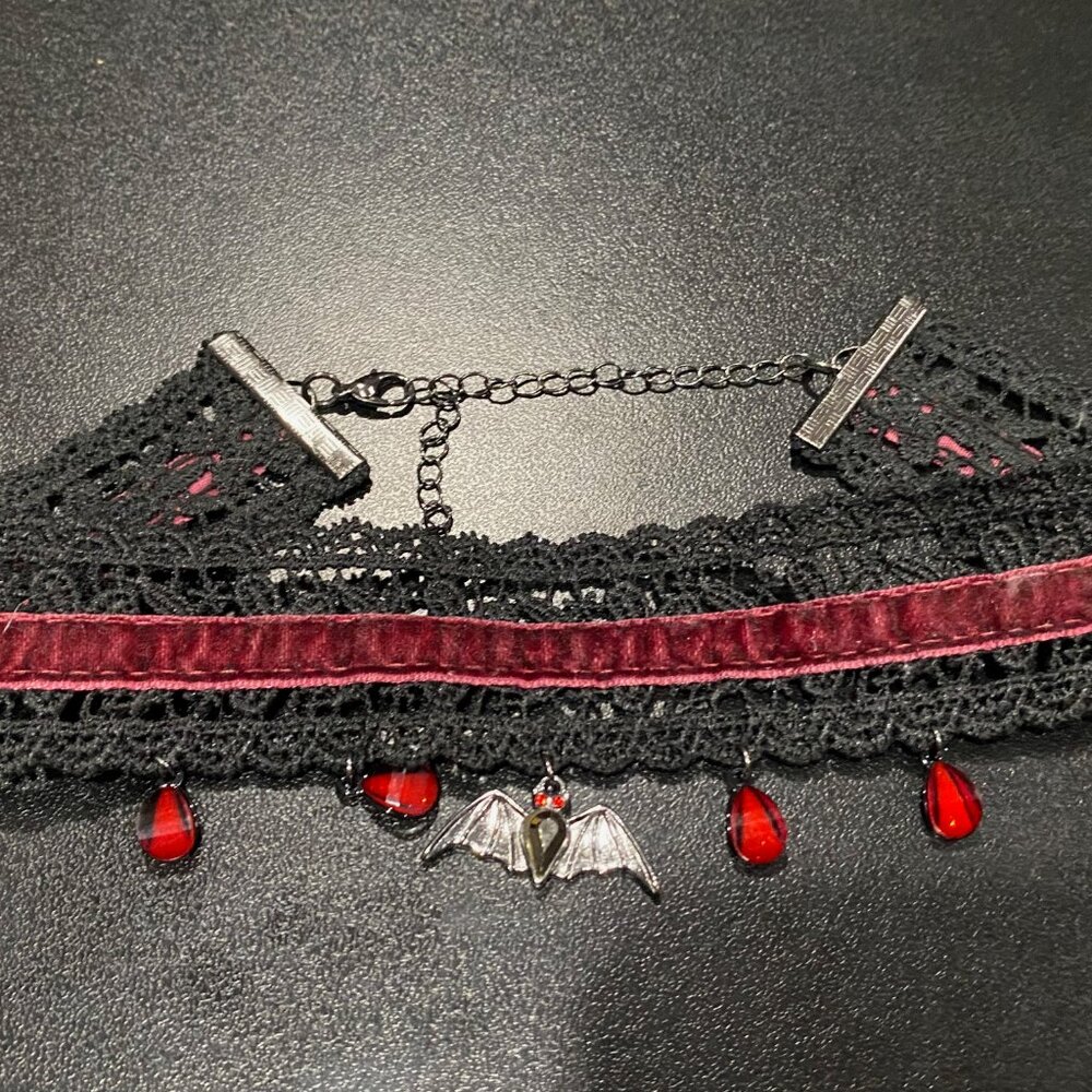 Whimsigoth Fairy Vampire Punk Steampunk Lace Velvet Bat Necklace Choker 17"